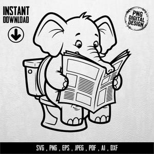 Könnte beinhalten: Schwarz-weißes digitales Design eines Elefanten, der auf einer Toilette sitzt und Zeitung liest. Das Bild enthält den Text "INSTANT DOWNLOAD" und "PNG DIGITAL DESIGN". Der untere Teil des Bildes enthält den Text "SVG, PNG, EPS, JPEG, PDF, AI, DXXF".