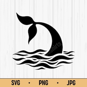 Könnte beinhalten: Schwarze Silhouette einer Walflosse, die aus stilisierten Wellen auftaucht. Das Bild enthält den Text "SVG • PNG • JPG" unten, der Dateiformatoptionen anzeigt. Geeignet für digitale Designprojekte.