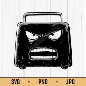 Könnte beinhalten: Schwarz-weiße Cartoon-Illustration einer Box mit wütendem Gesicht. Die Box hat einen Griff, große Augen und einen weit geöffneten Mund mit Zähnen. Der Text "SVG • PNG • JPG" befindet sich unten.