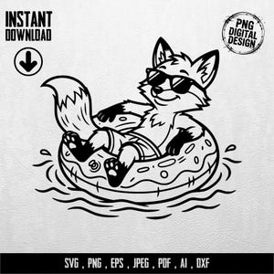 Könnte beinhalten: Schwarz-weißes digitales Design eines Fuchses mit Sonnenbrille, der sich auf einem Donut-förmigen Schwimmer im Wasser entspannt. Das Bild enthält den Text "INSTANT DOWNLOAD" und "PNG DIGITAL DESIGN". Der untere Teil des Bildes enthält den Text "SVG, PNG, EPS, JPEG, PDF, AI, DXF".
