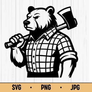 Könnte beinhalten: Schwarz-weiße Illustration eines Bären mit kariertem Hemd, der eine Axt über der Schulter trägt. Der Bär hat einen ernsten Gesichtsausdruck. Der Text "SVG • PNG • JPG" befindet sich am unteren Bildrand.