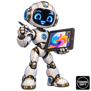 May include: A white and gold robot with a glowing blue face and eyes, holding a black stylus in one hand and a black digital drawing tablet in the other. The tablet screen displays a colorful, swirling abstract design with a color palette menu.