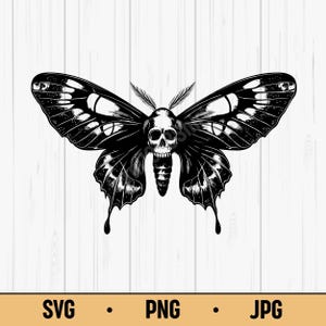May include: Black and white illustration of a moth with a skull design. The moth's wings are detailed with intricate patterns. The image includes the text "SVG", "PNG", and "JPG".