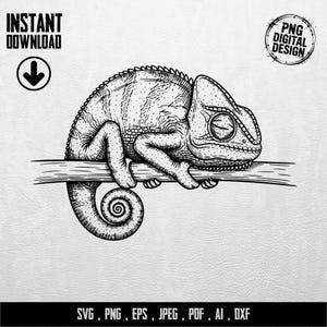 Könnte beinhalten: Schwarz-Weiß-Illustration eines Chamäleons auf einem Ast. Das Chamäleon ist detailliert mit strukturierter Haut und einem eingerollten Schwanz dargestellt. Der Text "INSTANT DOWNLOAD" und "PNG DIGITAL DESIGN" ist enthalten.