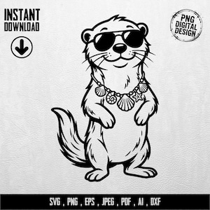 Könnte beinhalten: Schwarz-weiße digitale Illustration eines Otters mit Sonnenbrille und Muschelkette. Der Otter steht aufrecht. Das Bild enthält den Text "INSTANT DOWNLOAD" und "PNG DIGITAL DESIGN".