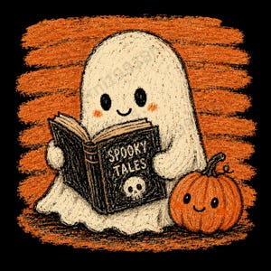 Könnte beinhalten: Eine Illustration im Buntstift-Stil zeigt ein weißes Gespenst, das ein schwarzes Buch mit dem Titel Spooky Tales und einem Totenkopf-Motiv liest. Neben dem Gespenst liegt ein kleiner orangefarbener Kürbis vor einem strukturierten Hintergrund.