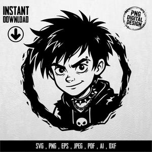 Könnte beinhalten: Schwarz-weißes digitales Design eines Cartoon-Charakters mit stacheligen Haaren, einem Piercing und einem Totenkopf-Anhänger. Das Bild enthält den Text "INSTANT DOWNLOAD" und "PNG DIGITAL DESIGN" sowie Dateitypoptionen: SVG, PNG, EPS, JPEG, PDF, AI, DXF.