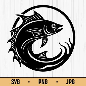 Könnte beinhalten: Schwarz-weiße Grafik eines Fisches, der in einem Kreis schwimmt. Der Fisch hat detaillierte Flossen und Schuppen. Der Text "SVG • PNG • JPG" ist unten im Bild enthalten.