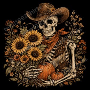 Könnte beinhalten: Eine grafische Illustration eines Skeletts mit einem braunen Cowboyhut und einem orangefarbenen Bandana, das einen Strauß gelber Sonnenblumen und zwei orangefarbene Kürbisse hält. Das Skelett trägt eine braune Weste mit Fransen und Blumenmustern.