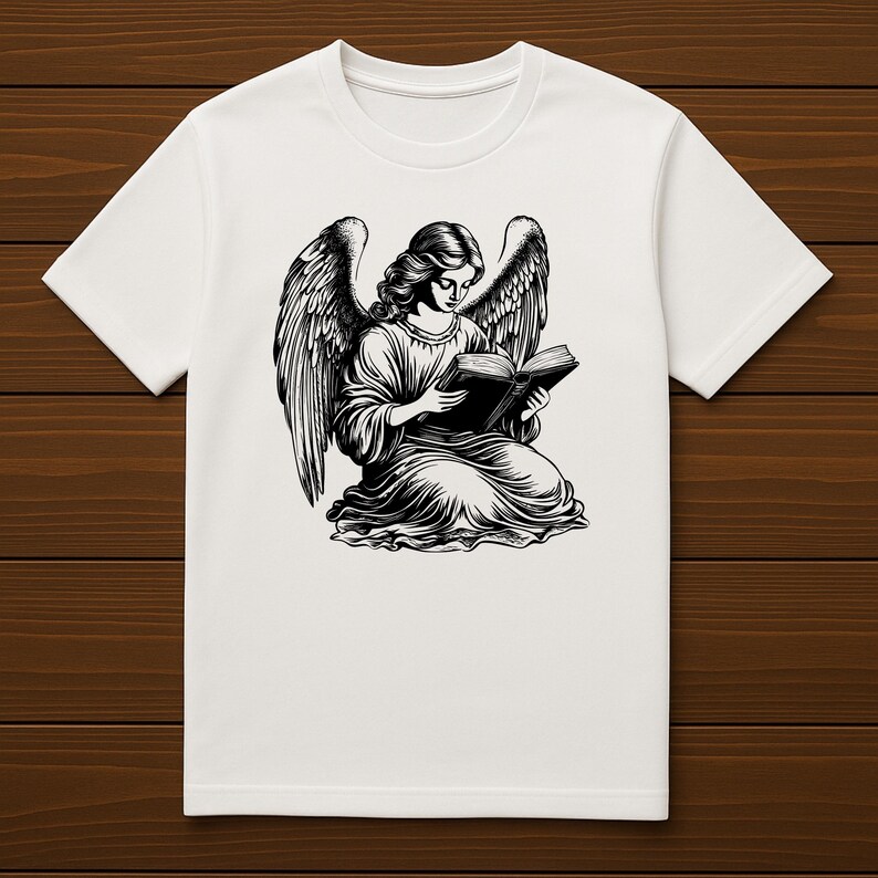 Vintage Angel Reading Book PNG SVG – Detailed Line Art of Praying Angel ...