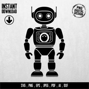 Könnte beinhalten: Schwarz-weißes digitales Design eines Roboters mit rundem Kopf, zwei Antennen und einem rechteckigen Torso. Der Roboter hat Arme, Hände, Beine und Füße. Text enthält "INSTANT DOWNLOAD" und "PNG DIGITAL DESIGN". Dateiformate: SVG, PNG, EPS, JPEG, PDF, AI, DXX.