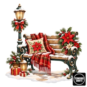 May include: A park bench with a red plaid blanket and a poinsettia-patterned pillow, decorated with pine branches, red berries, and snow. Beside it stands a lit street lamp, a lantern, and two gift boxes. The text TERNI1993 SHIRT'S is visible.