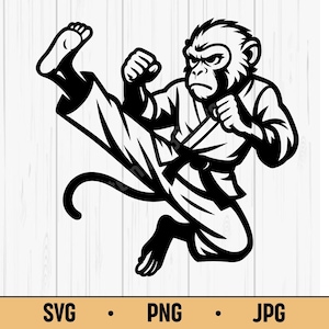 May include: A black and white illustration of a monkey in a karate uniform, performing a kick. The monkey has a focused expression and wears a black belt. The image includes the text "SVG • PNG • JPG".