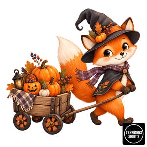 Könnte beinhalten: Ein Cartoon-Fuchs mit schwarzem Hexenhut und violettem Schal zieht einen Holzwagen voller orangefarbener Kürbisse, einer Halloween-Laterne, einer echten Laterne und Herbstblättern. In der Ecke steht der weiße Text TERNI1993 SHIRT'S.