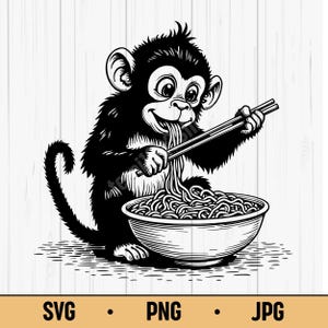 以下が含まれることがあります： 箸を使って丼から麺を食べる猿の白黒イラスト。猿は笑顔です。画像には、下部に「SVG」、「PNG」、および「JPG」というテキストが含まれています。
