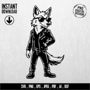 Könnte beinhalten: Schwarz-weiße digitale Illustration eines Wolfs mit Sonnenbrille, Lederjacke, Jeans und Stiefeln. Der Text "INSTANT DOWNLOAD" und "PNG DIGITAL DESIGN" ist enthalten. Verfügbar in den Formaten SVG, PNG, EPS, JPEG, PDF, AI und DXF.