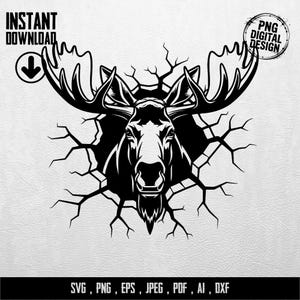 Könnte beinhalten: Ein schwarz-weißes digitales Design eines Elchkopfes, der durch eine zerbrochene Oberfläche bricht. Das Bild enthält den Text "INSTANT DOWNLOAD" und "PNG DIGITAL DESIGN". Der untere Teil des Bildes enthält Dateitypoptionen: SVG, PNG, EPS, JPEG, PDF, AI, DXF.