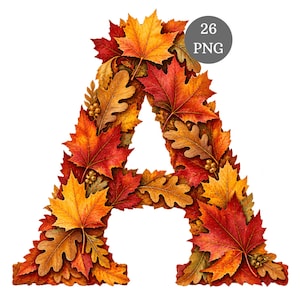 May include: A capital letter A formed by a collage of autumn leaves in shades of red, orange, and yellow, interspersed with small brown acorns. A circular gray badge in the upper right corner displays the white text 26 PNG.