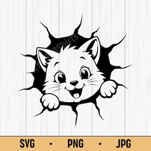 Cute Peeking Cat SVG PNG JPG – Cartoon Kitten Cracking Through Wall, Digital Download for Stickers, T-shirts and Mugs