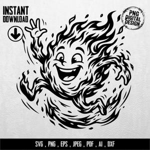 Könnte beinhalten: Schwarz-weiße Cartoon-Illustration eines lächelnden Feuerball-Charakters mit Flammen und einem fröhlichen Ausdruck. Das Bild enthält den Text "INSTANT DOWNLOAD" und "PNG DIGITAL DESIGN". Der untere Teil des Bildes enthält den Text "SVG, PNG, EPS, JPEG, PDF, AI, DXF".