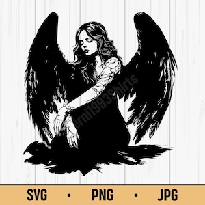 May include: Black and white illustration of a woman with large feathered wings, seated and looking down. The image includes the text "SVG • PNG • JPG". The woman has long hair and detailed arm tattoos.
