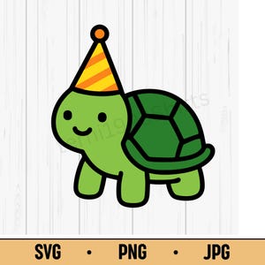 Party Turtle SVG PNG JPG – Cute Kawaii Turtle with Birthday Hat, Funny Animal Vector
