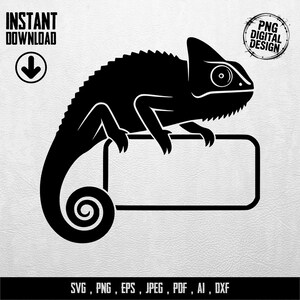 Könnte beinhalten: Schwarze Silhouette eines Chamäleons, das auf einer rechteckigen Form sitzt. Der Text "INSTANT DOWNLOAD" und "PNG DIGITAL DESIGN" ist enthalten. Darunter die Dateitypen: SVG, PNG, EPS, JPEG, PDF, AI, DXX.