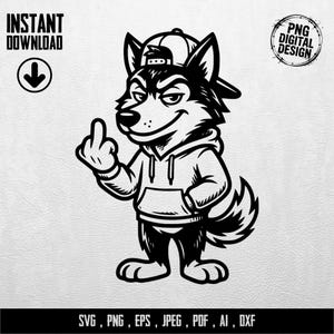 Könnte beinhalten: Schwarz-weiße Illustration eines Wolfes mit Kapuzenpullover und Baseballkappe, der den Mittelfinger zeigt. Der Text "INSTANT DOWNLOAD" und "PNG DIGITAL DESIGN" ist enthalten.