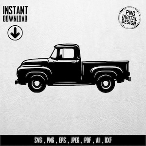 Könnte beinhalten: Schwarze Silhouette eines Oldtimer-Pickups. Das Bild enthält den Text "INSTANT DOWNLOAD" mit einem Pfeil nach unten und "PNG DIGITAL DESIGN" in einem kreisförmigen Abzeichen. Unten sind Dateiformate aufgeführt: SVG, PNG, EPS, JPEG, PDF, AI, DXF.