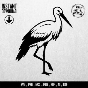Könnte beinhalten: Schwarz-Weiß-Illustration eines Storch in Gehpose. Das Bild enthält den Text "SOFORT-DOWNLOAD" mit einem Pfeil nach unten und "PNG DIGITAL DESIGN" in einem kreisförmigen Rahmen. Der untere Teil zeigt Dateitypoptionen.