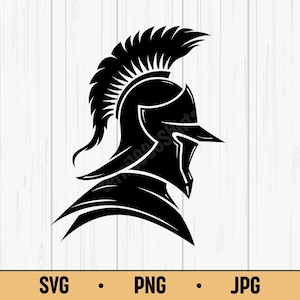 May include: Black silhouette of a Spartan helmet with a prominent crest and face guard. The image is a side profile, showcasing the helmet's design. The bottom of the image includes the text "SVG • PNG • JPG".