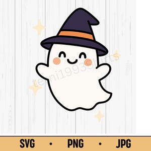 Witch Ghost SVG PNG JPG – Cute Halloween Ghost with Witch Hat, Kawaii Spooky Vector