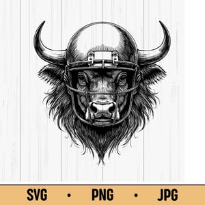 Toro SVG PNG JPG: Toro fuerte con casco de rugby, cabeza de animal resistente, diseño de mascota deportiva para camisetas y pósteres