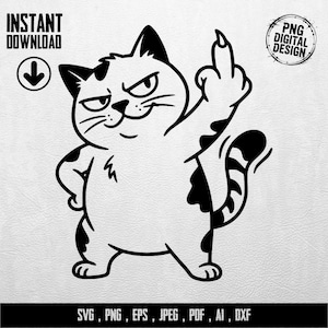Könnte beinhalten: Schwarz-weiße Cartoon-Katzenillustration, die den Mittelfinger zeigt. Die Katze hat einen mürrischen Gesichtsausdruck und schwarze Flecken. Text enthält "SOFORTIGER DOWNLOAD" und "PNG DIGITAL DESIGN".