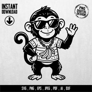 Könnte beinhalten: Schwarz-Weiß-Illustration eines Cartoon-Affen mit Sonnenbrille, gestreiftem Hemd und Bananenkette. Der Affe winkt mit einer Hand. Text enthält "INSTANT DOWNLOAD" und "PNG DIGITAL DESIGN".