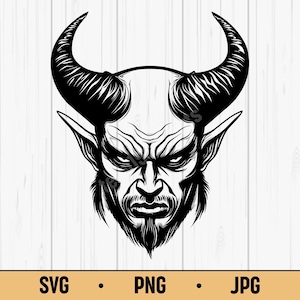 May include: A monochrome illustration of a devil's head, featuring large, curved horns, pointed ears, and a goatee. The image includes the text "SVG • PNG • JPG" at the bottom.