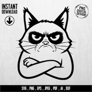 Könnte beinhalten: Schwarz-Weiß-Illustration einer grimmigen Katze mit verschränkten Armen. Das Bild enthält den Text "INSTANT DOWNLOAD" und "PNG DIGITAL DESIGN". Unter der Katze steht der Text "SVG, PNG, EPS, JPEG, PDF, AI, DXX".