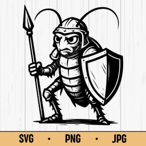 Könnte beinhalten: Schwarz-Weiß-Illustration eines Insektenkriegers mit Helm, Speer und Schild. Das Insekt befindet sich in einer Verteidigungshaltung. Der Text "SVG • PNG • JPG" ist ebenfalls enthalten.