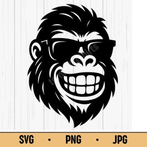 Cool Gorilla SVG PNG JPG – Smiling Cartoon Gorilla Mascot Head with Sunglasses, Vector for Shirts