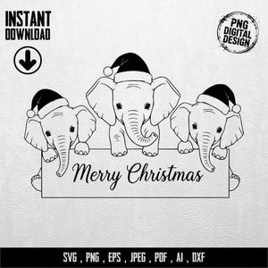 Könnte beinhalten: Ein schwarz-weißes digitales Design mit drei Cartoon-Elefanten, die Weihnachtsmützen tragen. Die Elefanten halten ein Schild mit der Aufschrift "Merry Christmas". Das Design enthält auch den Text "Instant Download" und "PNG Digital Design".