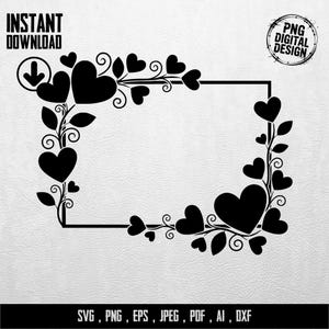 Könnte beinhalten: Schwarzes digitales Design mit einem herzförmigen Rahmen mit floralen Akzenten. Das Design enthält die Wörter "INSTANT DOWNLOAD" und "PNG DIGITAL DESIGN". Der untere Teil des Designs enthält die Dateitypen: SVG, PNG, EPS, JPEG, PDF, AI, DXF.
