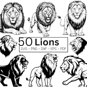 Könnte beinhalten: Schwarz-Weiß-Illustrationen von Löwen in verschiedenen Posen, einschließlich Liegen, Brüllen und Gehen. Das Bild enthält den Text "50 Lions" und Dateitypoptionen: SVG, PNG, DXF, EPS und PDF.