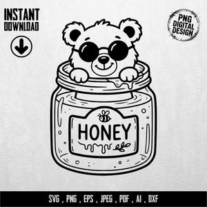 Könnte beinhalten: Schwarz-weißes digitales Design eines Bären mit Sonnenbrille, der aus einem Honigglas schaut. Das Glas hat ein Etikett mit der Aufschrift "HONEY" mit einer Biene. Enthält "SOFORT-DOWNLOAD" und Dateitypoptionen.