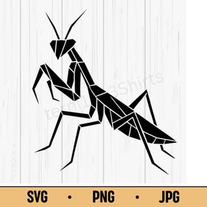 Puede incluir: Ilustración geométrica negra de una mantis religiosa. El insecto está representado en un diseño estilizado y angular sobre un fondo blanco con vetas de madera. La imagen incluye las opciones de tipo de archivo: SVG, PNG y JPG.