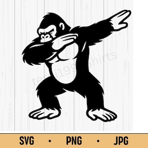 May include: Black and white graphic of a gorilla in a dabbing pose. The gorilla is facing left with its arms crossed and one arm raised. The image includes the text "SVG • PNG • JPG".