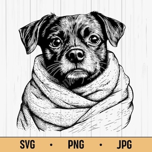 Könnte beinhalten: Schwarz-Weiß-Illustration eines Hundes mit Schal. Der Hund hat einen konzentrierten Ausdruck, mit detailliertem Fell und einem Schal um den Hals. Der Text "SVG • PNG • JPG" ist enthalten.