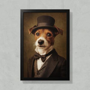May include: Framed portrait of a Jack Russell Terrier wearing a black top hat, bow tie, and suit. The dog has brown and white fur and is set against a dark green background. The portrait is in a black frame.
