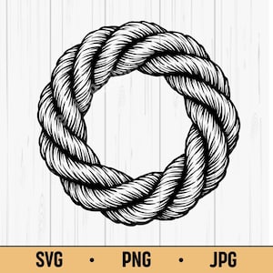 May include: A black and white illustration of a circular rope design. The rope is tightly wound, creating a thick, textured appearance. The image is set against a white wood grain background. The bottom of the image includes the text "SVG • PNG • JPG".
