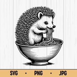 Riccio che mangia ramen SVG PNG JPG – Vettore di animale carino, download digitale per kawaii, cibo e arte per animali domestici