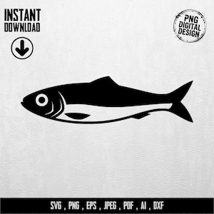 Könnte beinhalten: Schwarz-weiße Fischillustration im Profil. Das Bild enthält den Text "INSTANT DOWNLOAD" und "PNG DIGITAL DESIGN". Der untere Teil des Bildes enthält den Text "SVG, PNG, EPS, JPEG, PDF, AI, DXF". Der Fisch hat ein großes Auge und einen gebogenen Körper.